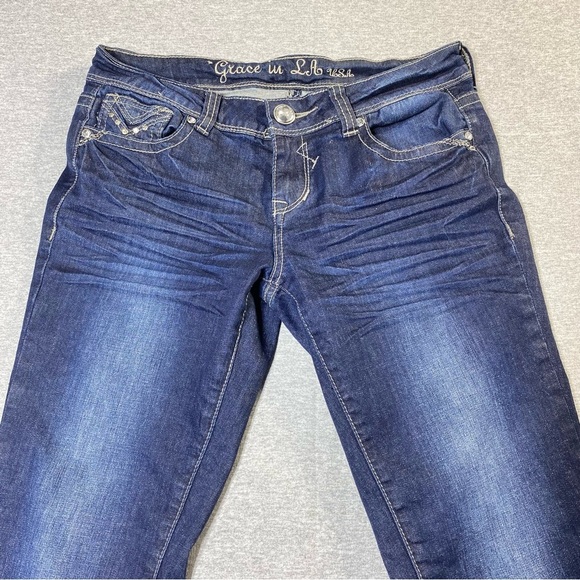 Grace In LA Skinny Jeans Women 9/28 Blue Embellished Skinny Textured Faded Denim - Picture 2 of 16